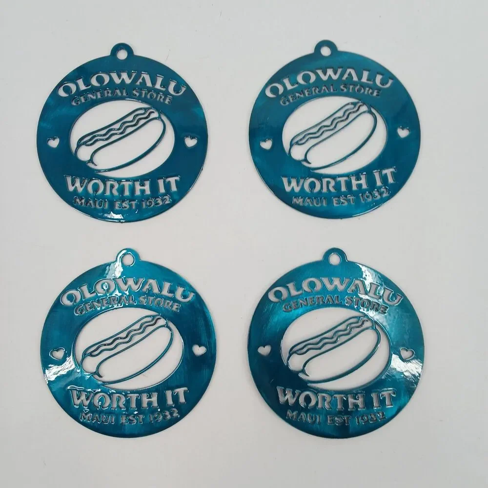 Hawaiian Olowalu Juice Stand Hot Dog Worth It Metal ornament Set of 4 Blue